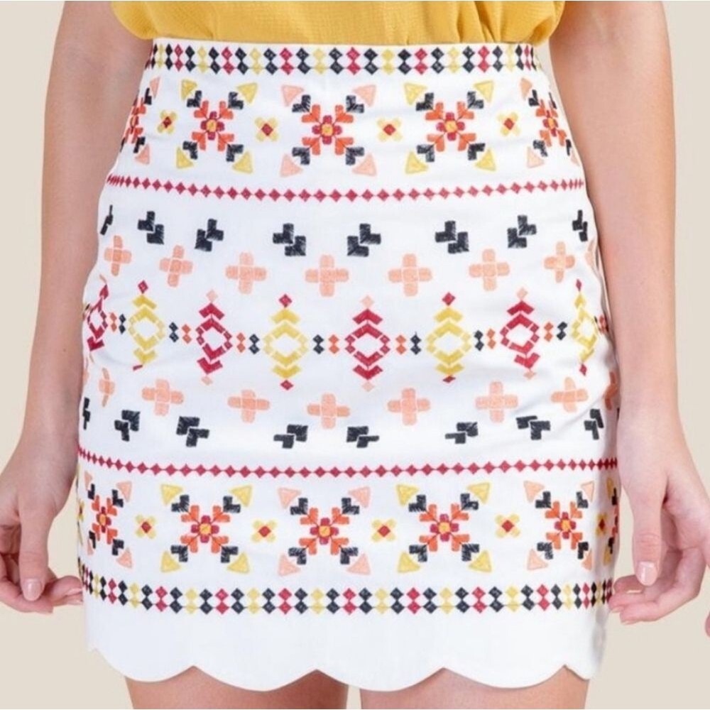 Blue Rain Mini Skirt Embroidered Aztec Boho Festival Scalloped Hem Small New